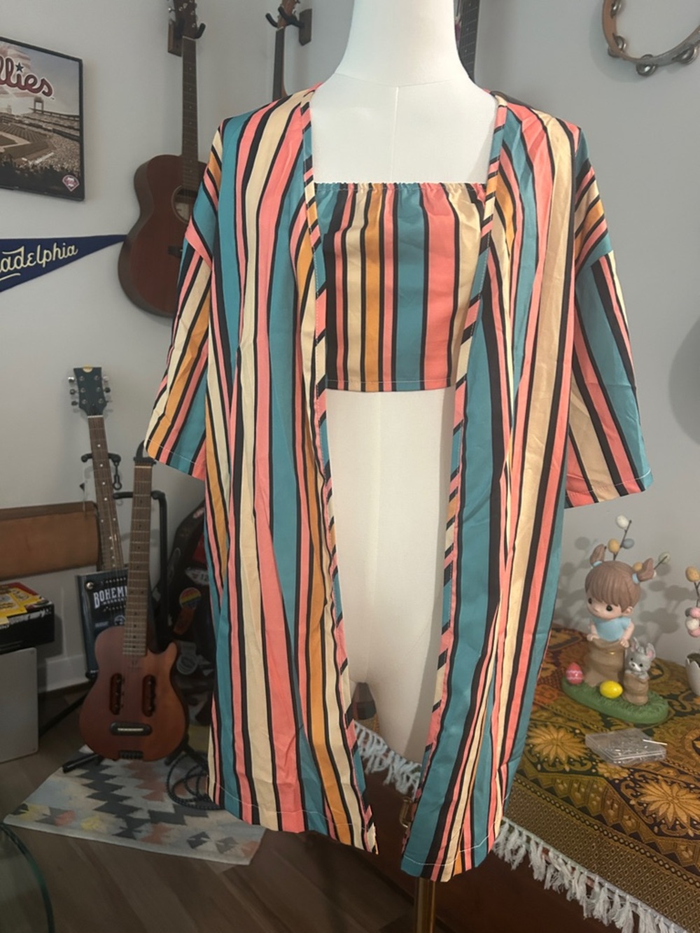 SHEIN Multicolor Striped Open Front Kimono and Crop Top Set